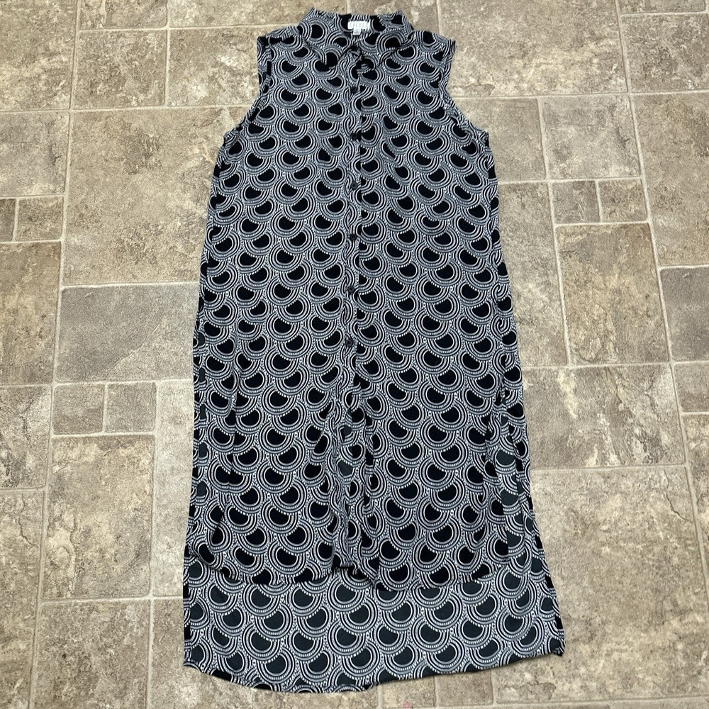 Spense Button Up Hi Low Tunic Shirt Dress Small Black White Geometric Side Slits